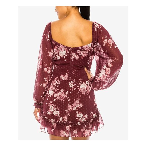 B DARLIN Womens Fit + Flare Short Dress Burgundy Long Sleeve Lined Juniors 7\8 - Picture 2 of 4